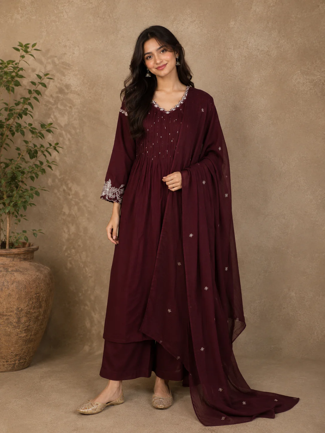 Burgundy Floral Thread Embroidered Design Cotton Salwar Suit with Dupatta